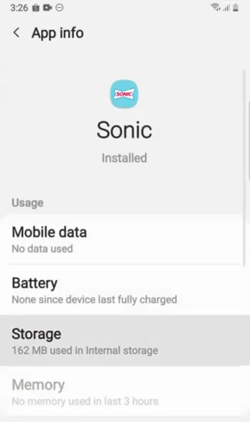 In apps choose the "Sonic" app and then click on "Storage"